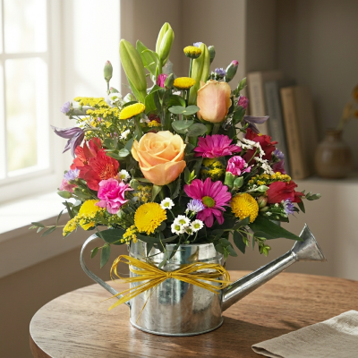 Isabella - This beautiful zinc watering can is filled with fresh flowers and foliage, sure to brighten anyone's day with a touch of country garden. 

Container may be substituted due to availability.

Seasonal selection, beautifully arranged in oasis for an instant display.

Hand delivered with gift card, flower food, and care instructions.