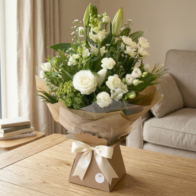 Evelyn - A fabulous collection of white and cream flowers make this the perfect gift. This bouquet will be hand delivered by the local florist.