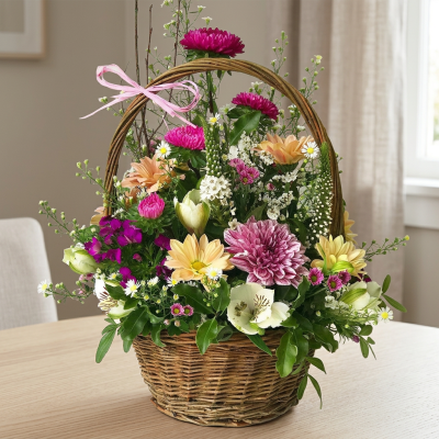 Happy Thoughts - Make their day with a pretty pastel basket of flowers. 

Beautiful seasonal flowers arranged in oasis for an instant display.

Hand delivered with gift card, flower food, and care instructions.
