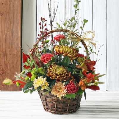 Rustic Autumn Basket - Beautiful basket arrangement of seasonal autumn blooms and foliages.  Designed and arraneged in oasis by our expert florists for an instant display.  Basket may vary from photo.

Hand delivered with gift card, flower food, and care instructions.

Order online or ring 021 428 7404.