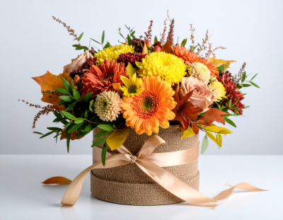 Autumn Splendour Hat Box Arrangement - Our signature hat box arrangement designed with beautiful seasonal autumn flowers and foliages.  Seasonal flowers beautifully arranged for an instant display.  Hat box colour may vary.

Hand delivered with gift card, flower food, and care instructions.

Order online or ring 021 428 7404.