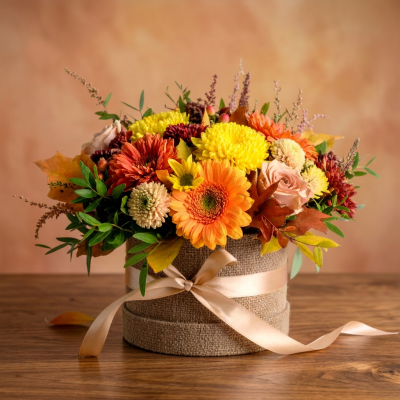 Autumn Splendour Hat Box Arrangement - Our signature hat box arrangement designed with beautiful seasonal autumn flowers and foliages.  Seasonal flowers beautifully arranged for an instant display.  Hat box colour may vary.

Hand delivered with gift card, flower food, and care instructions.

Order online or ring 021 428 7404.