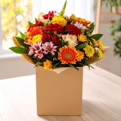 Citrus Sunrise - Capture the essence of a golden meadow with this stunning bouquet of yellow, white, and orange flowers. Presented in a stylish packaging it's perfect for adding natural beauty to any space