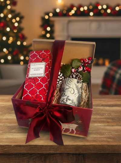 Christmas Home Fragrance Hamper - A beautifully presented hamper of Irish Botanicals products including a fragrance diffuser and scented candle in a seasonal keepsake box.  Items and/or fragrances may vary.