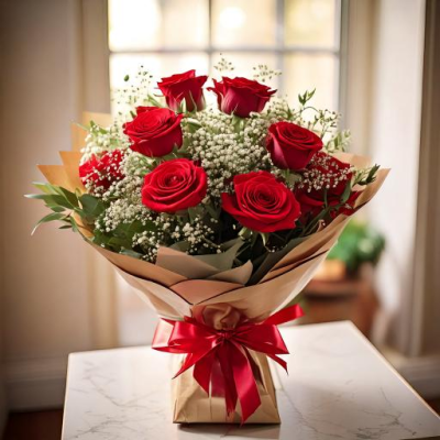 Six Roses of Romance - 6 standard red roses hand-tied or arranged in Oasis with choice filler and foliage with a novelty item presented in a gift box or bag.