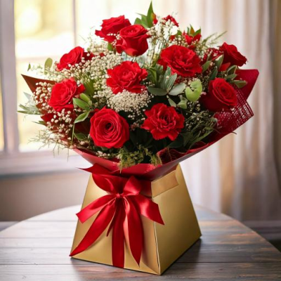Smooch - 6 red roses and 6 red carnations with choice filler and foliage in a hand-tied or arrangement  in Oasis and presented in a gift bag or box.