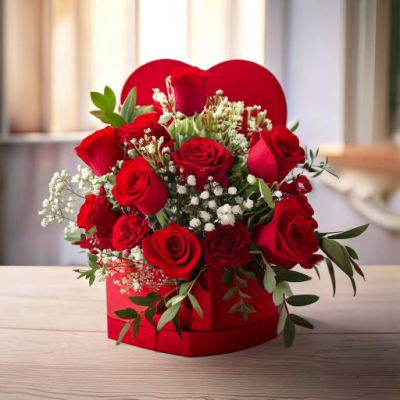 Heart Shaped Hat Box - Beautiful arrangement of red roses, fillers, and foliages carefully arranged in a keepsake heart shaped hat box.
Seasonal flowers beautifully arranged for an instant display.

Hand delivered with gift card, flower food, and care instructions.

Order online or ring 021 428 7404.