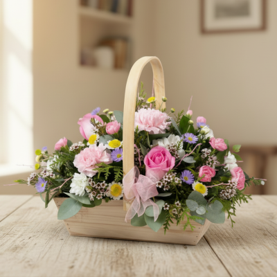Just Because - A pretty collection of timeless, favourite flowers skilfully arranged in a beautiful basket to send your message in a wonderful way. We cannot guarantee what the flower varieties or colours will be, We do guarantee that your specific arrangement will be fresh, beautiful and that your recipient will love it!