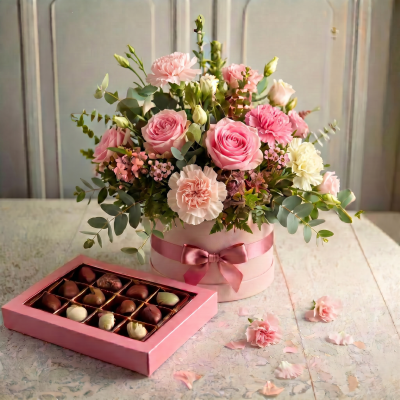 Bloom and Bliss - The perfect combination, our pretty pink arrangement with a box of handmade Irish chocolates!  Keepsake container may vary.

Seasonal flowers beautifully arranged for an instant display.

Hand delivered with gift card, flower food, and care instructions.

Order online or ring 021 428 7404.